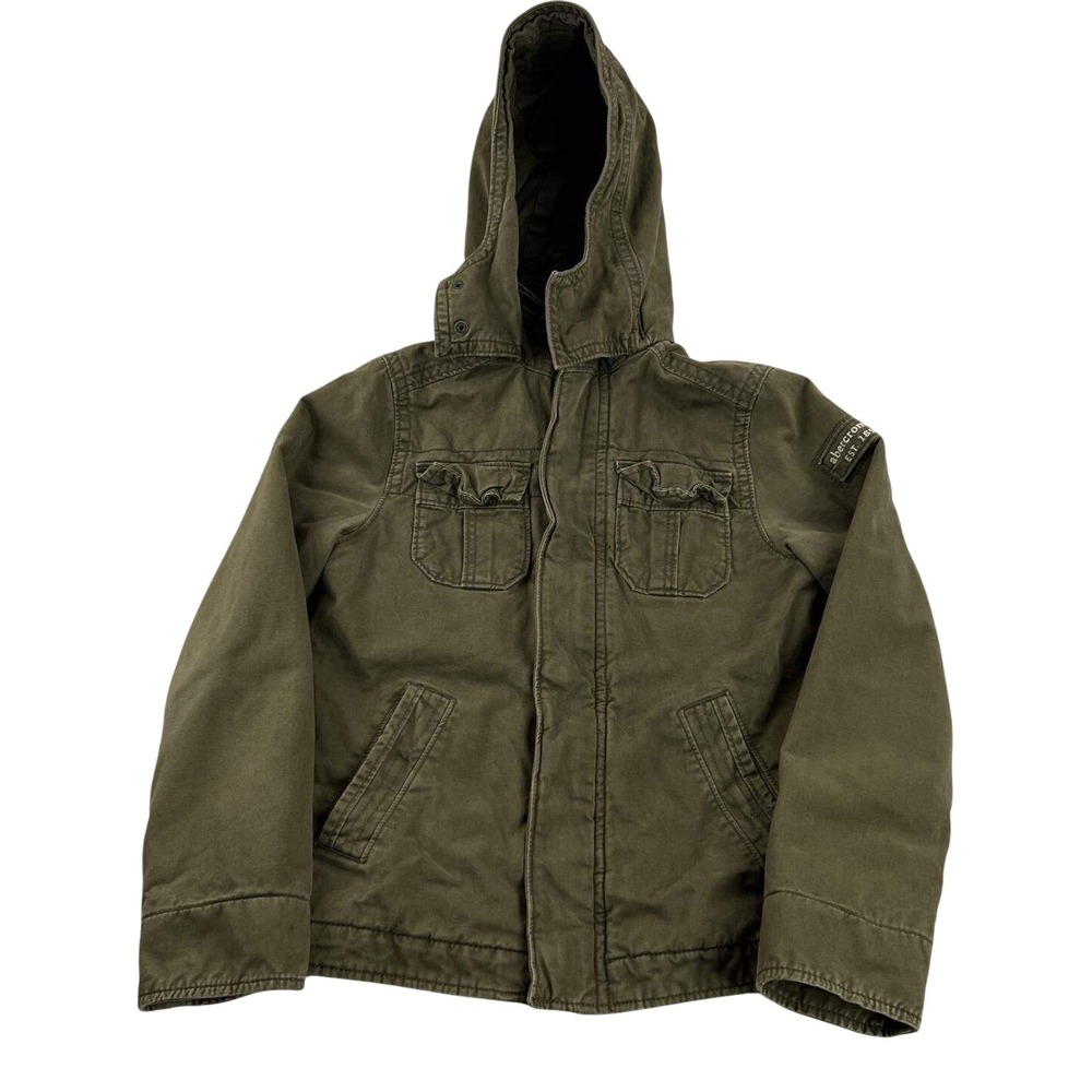 Abercrombie Kids Field Jacket Boys L Olive Green Quilted Lined Utility Zip Coat
